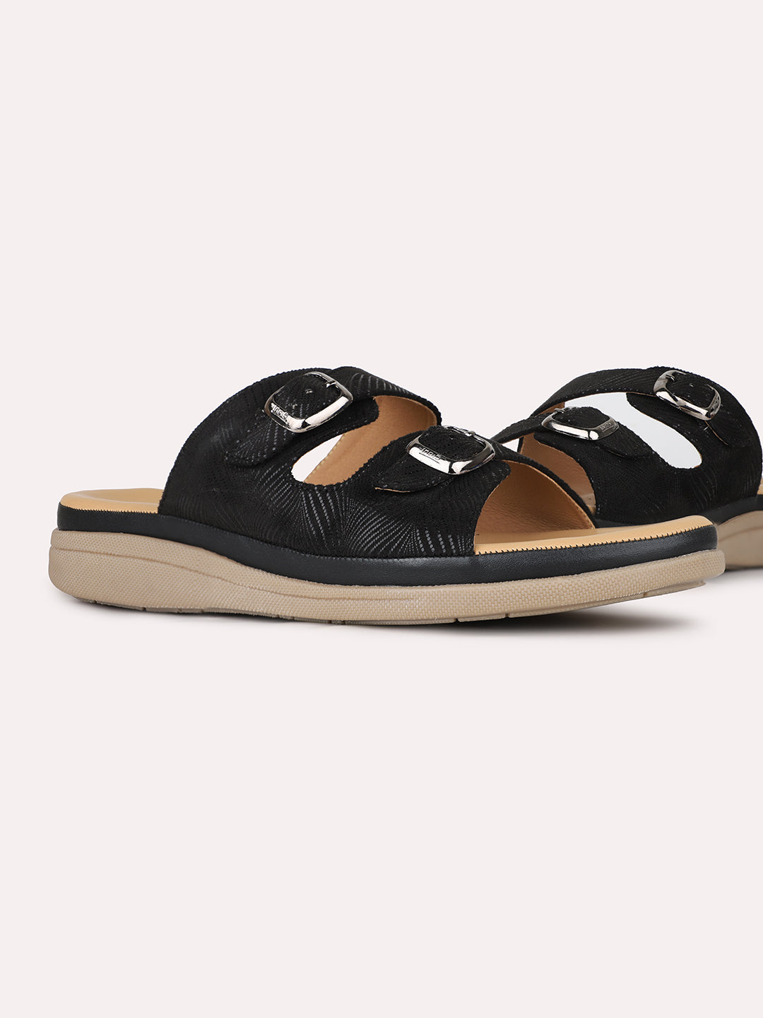 Women Black Casual Printed Open Toe Slip-On Flat Sandals
