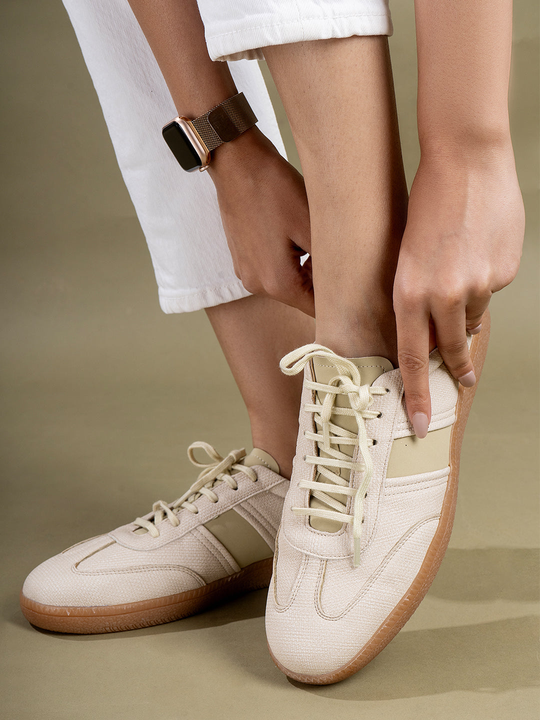 Women Beige Casual Wear Solid Pattern Pointed Sneakers