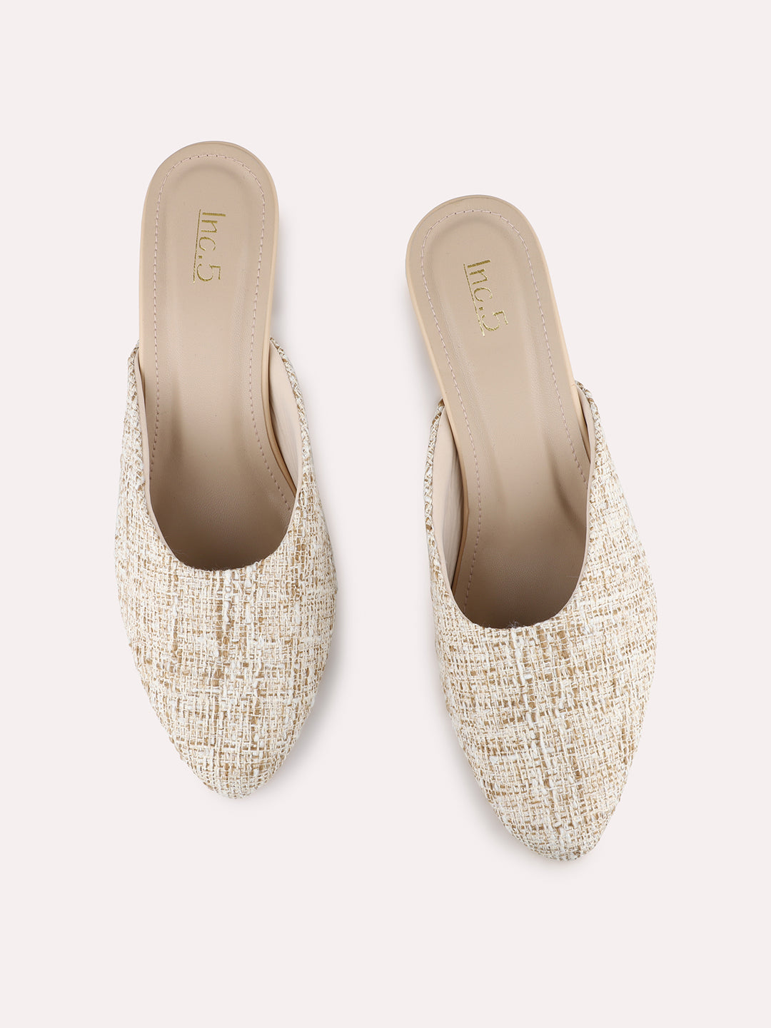 Women Beige Party Wear Printed Pointed Block Heel Mules