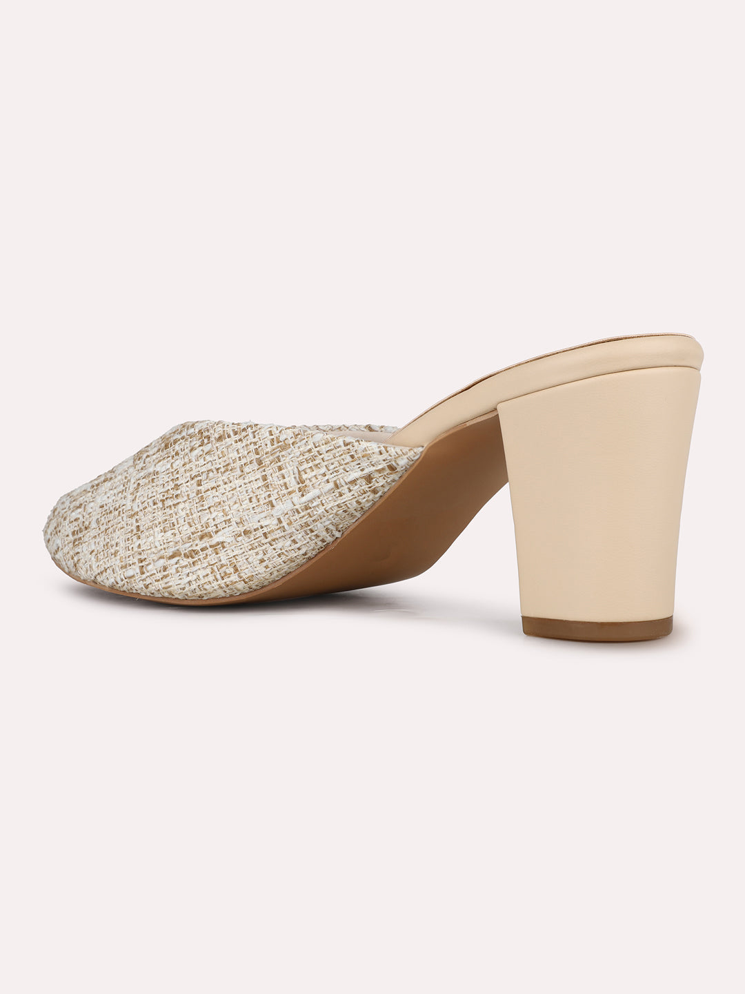 Women Beige Party Wear Printed Pointed Block Heel Mules