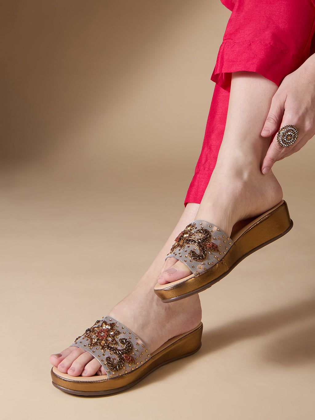 Women Golden Ethnic Embellished Pointed Flatform Heel Sandals