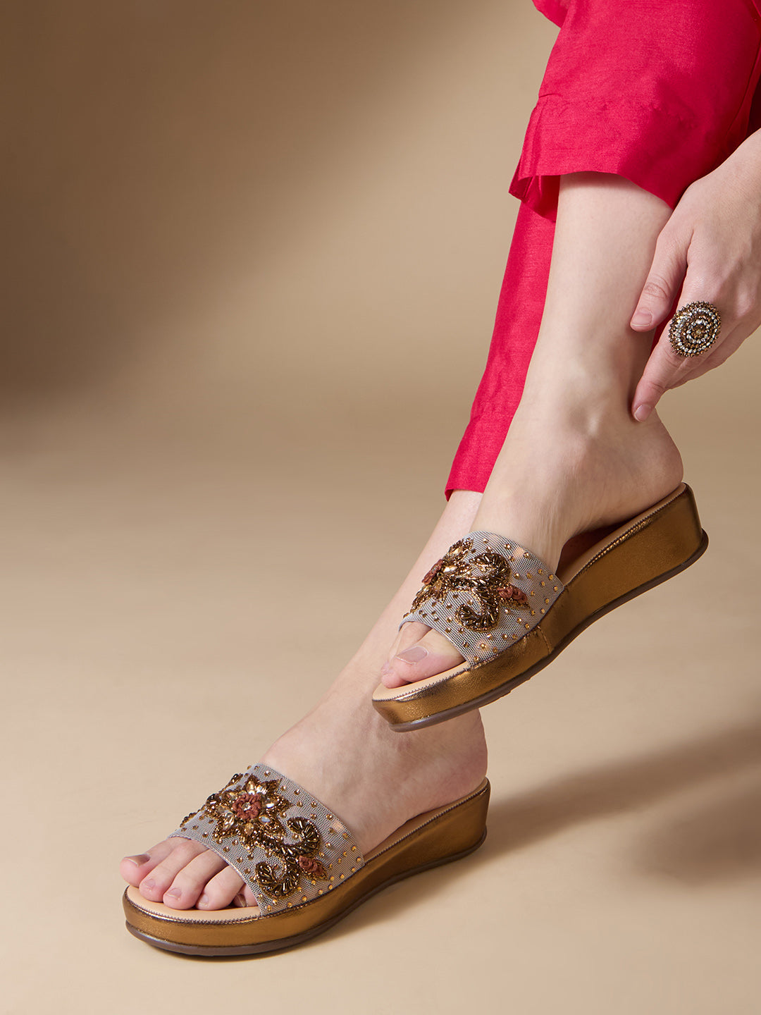 Women Golden Ethnic Embellished Pointed Flatform Heel Sandals