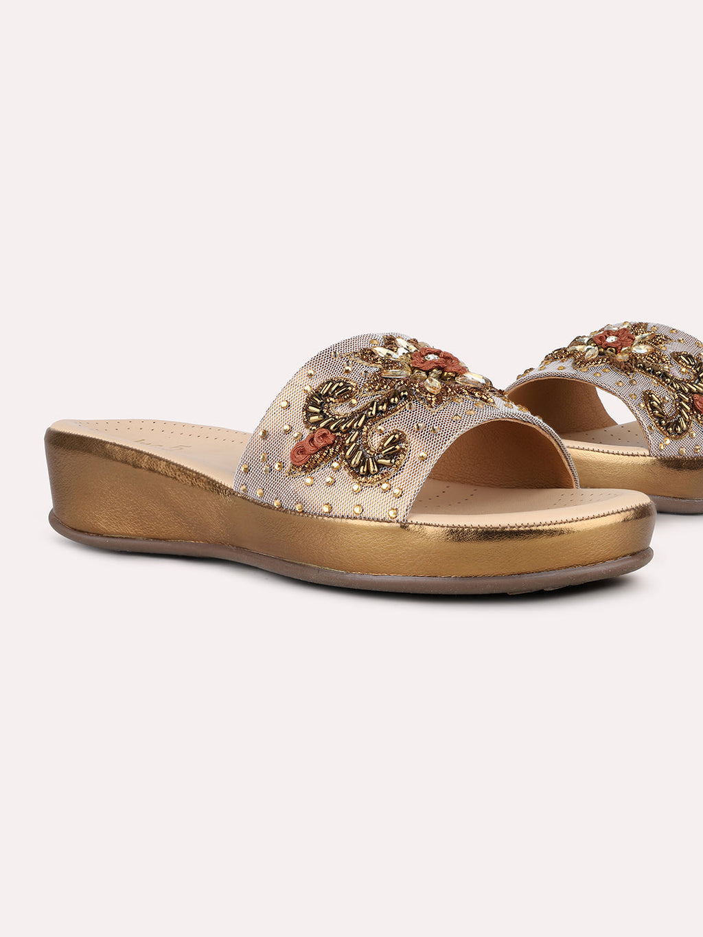 Women Golden Ethnic Embellished Pointed Flatform Heel Sandals