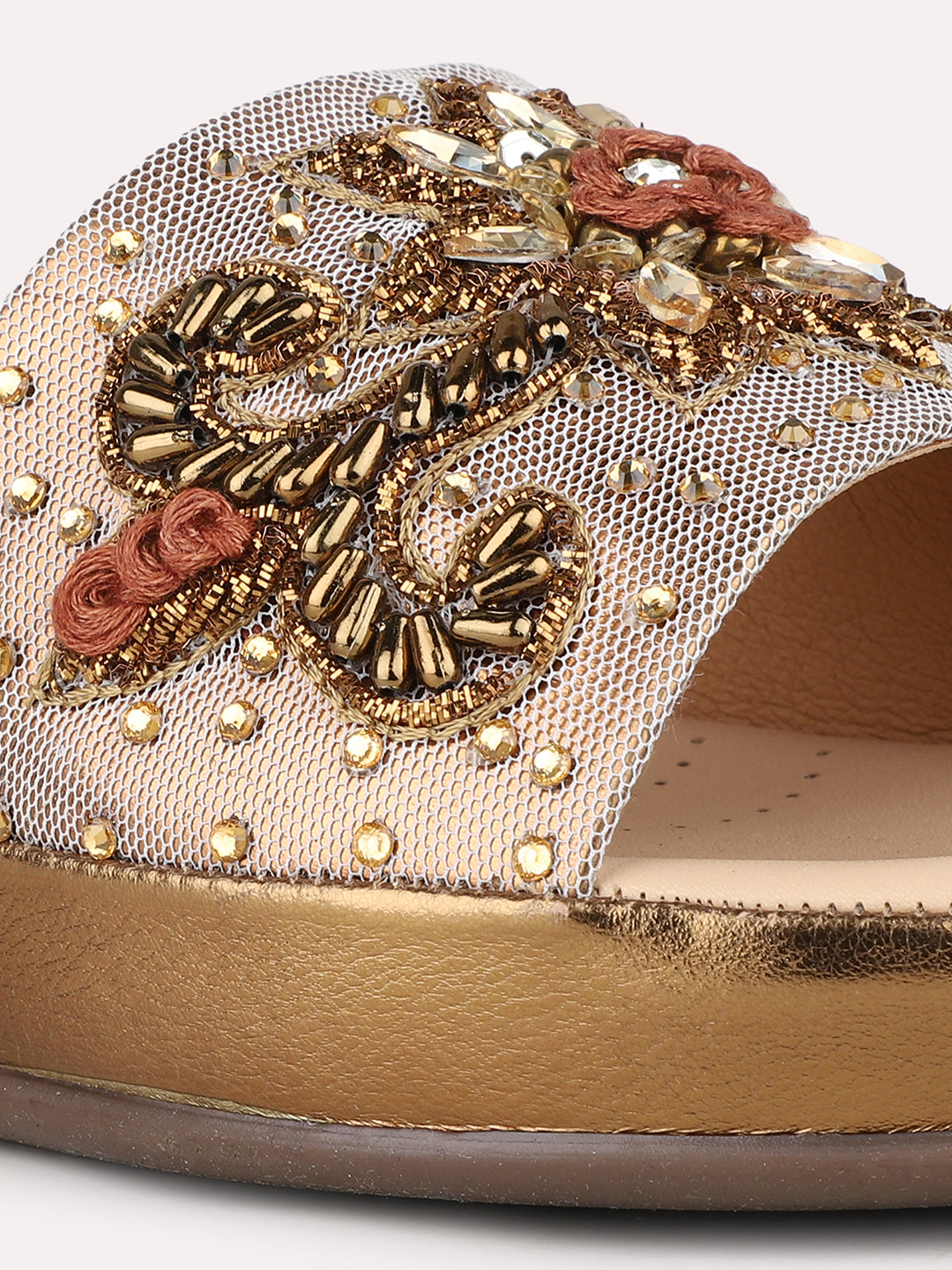 Women Golden Ethnic Embellished Pointed Flatform Heel Sandals