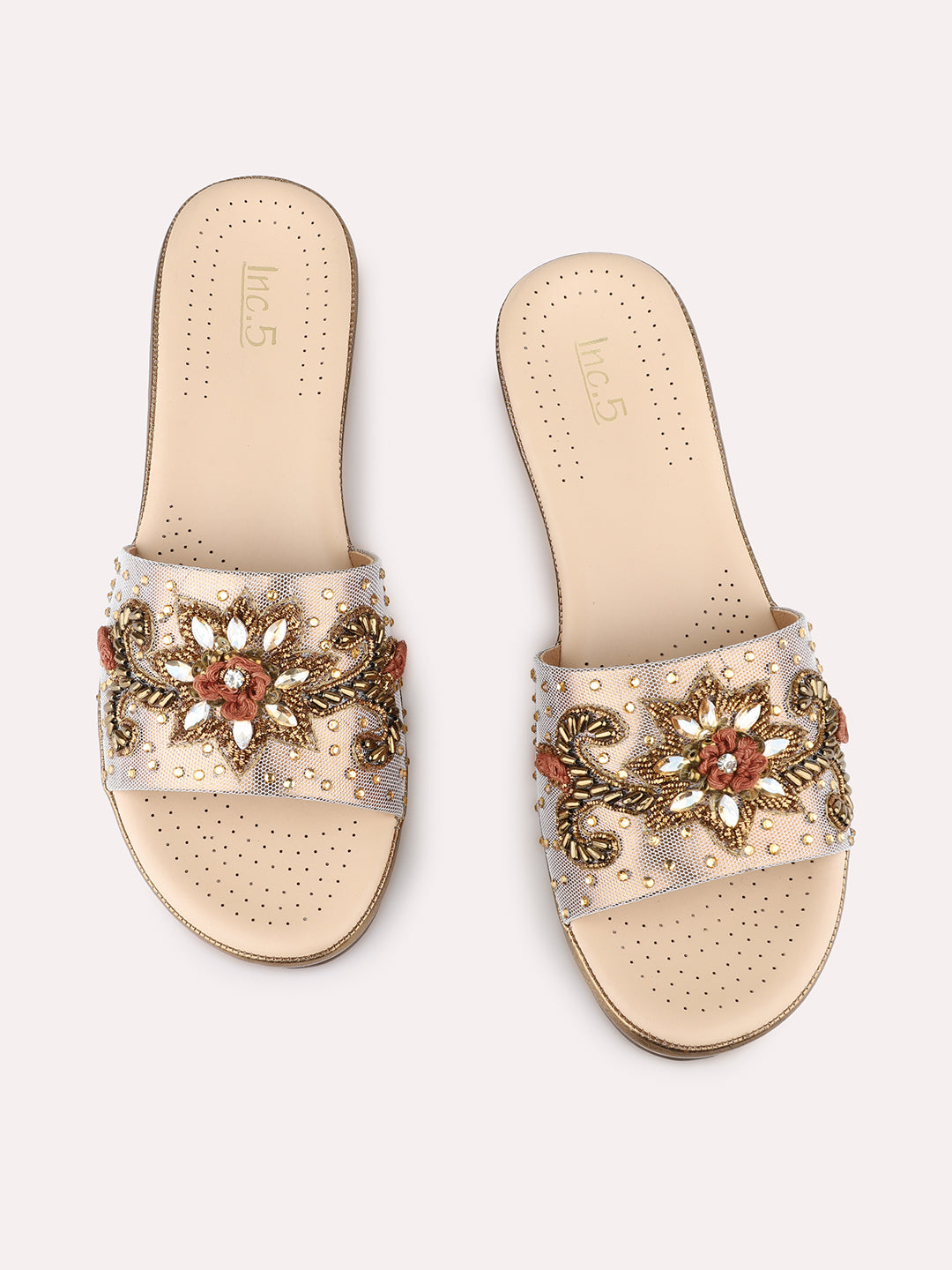 Women Golden Ethnic Embellished Pointed Flatform Heel Sandals