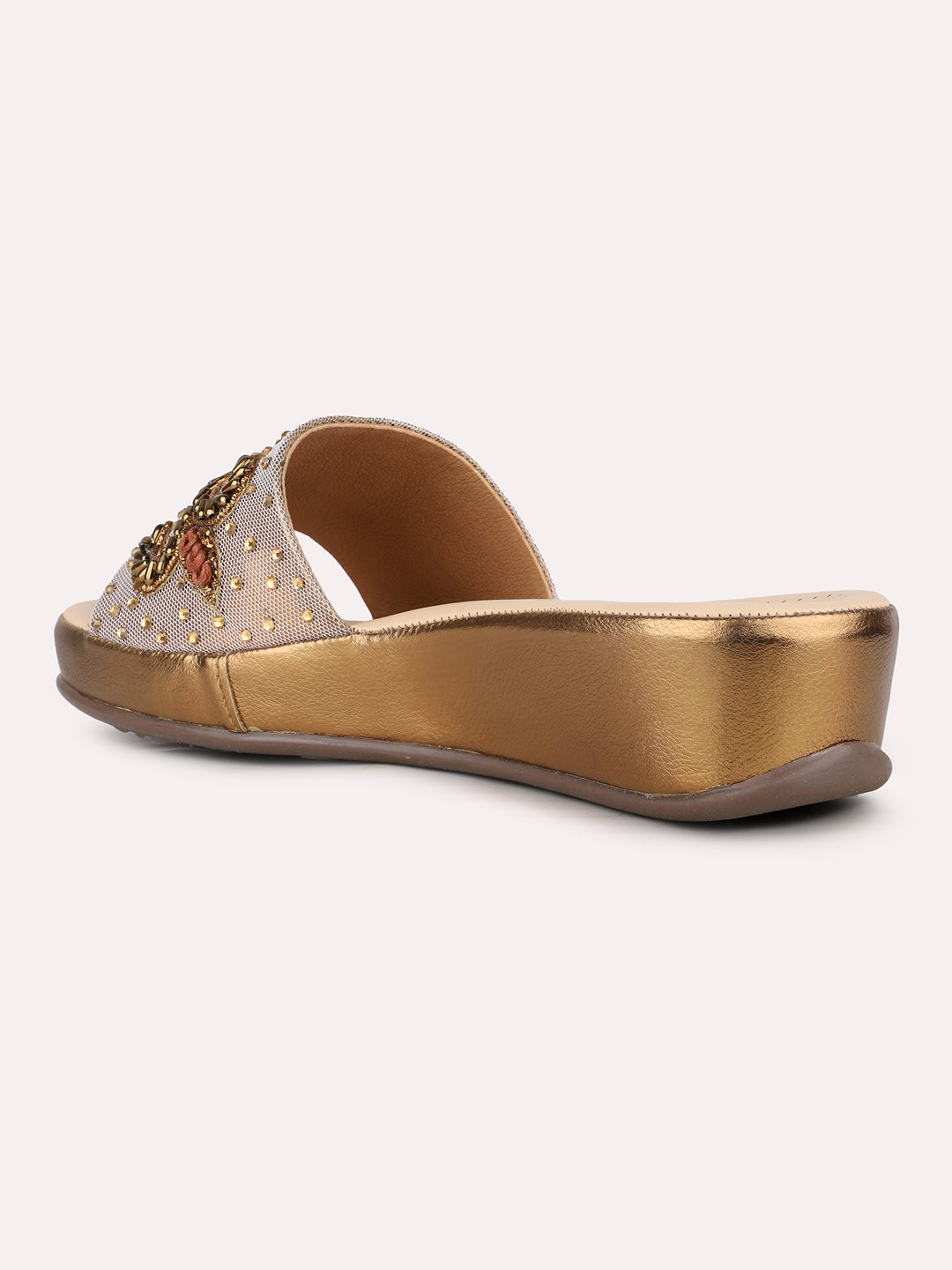 Women Golden Ethnic Embellished Pointed Flatform Heel Sandals