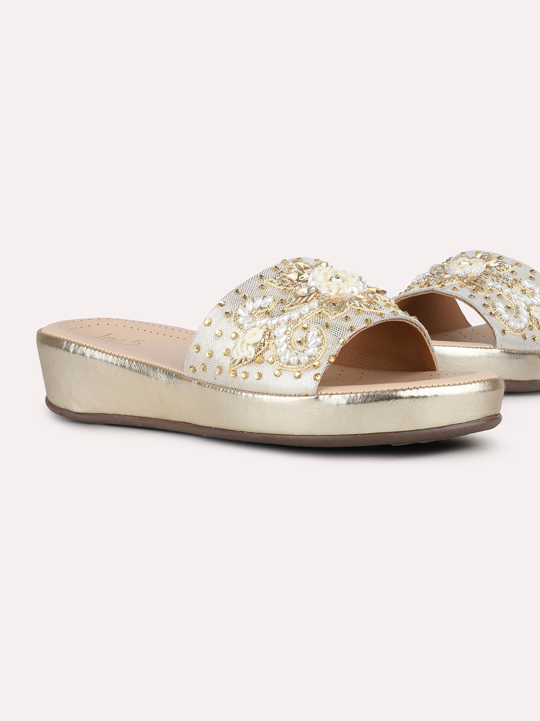 Women Golden Ethnic Embellished Pattern Pointed Flatform Heel Sandals