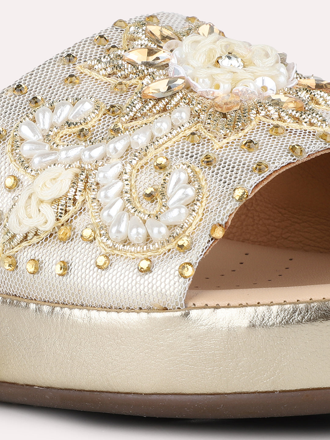 Women Golden Ethnic Embellished Pattern Pointed Flatform Heel Sandals