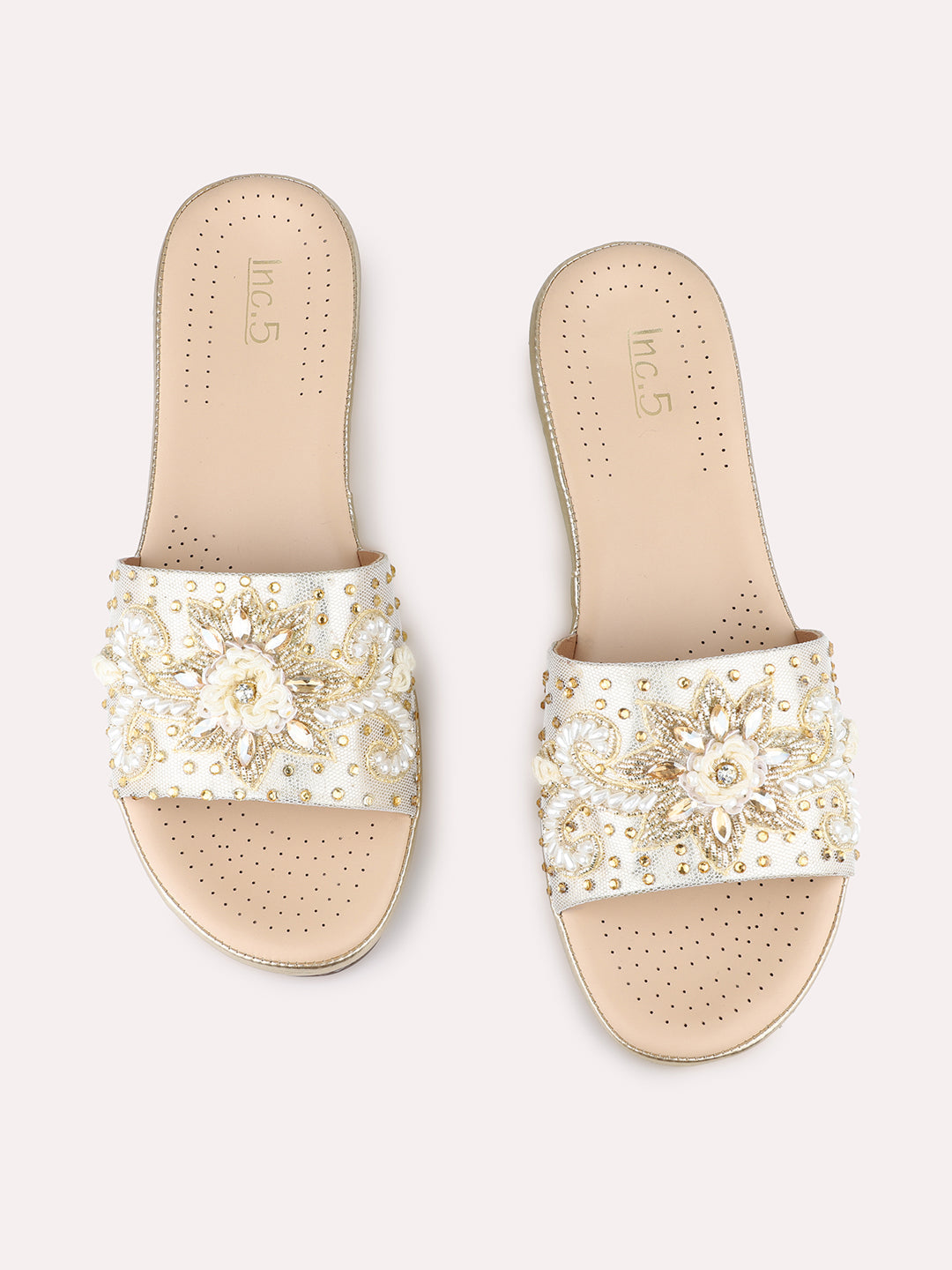 Women Golden Ethnic Embellished Pattern Pointed Flatform Heel Sandals