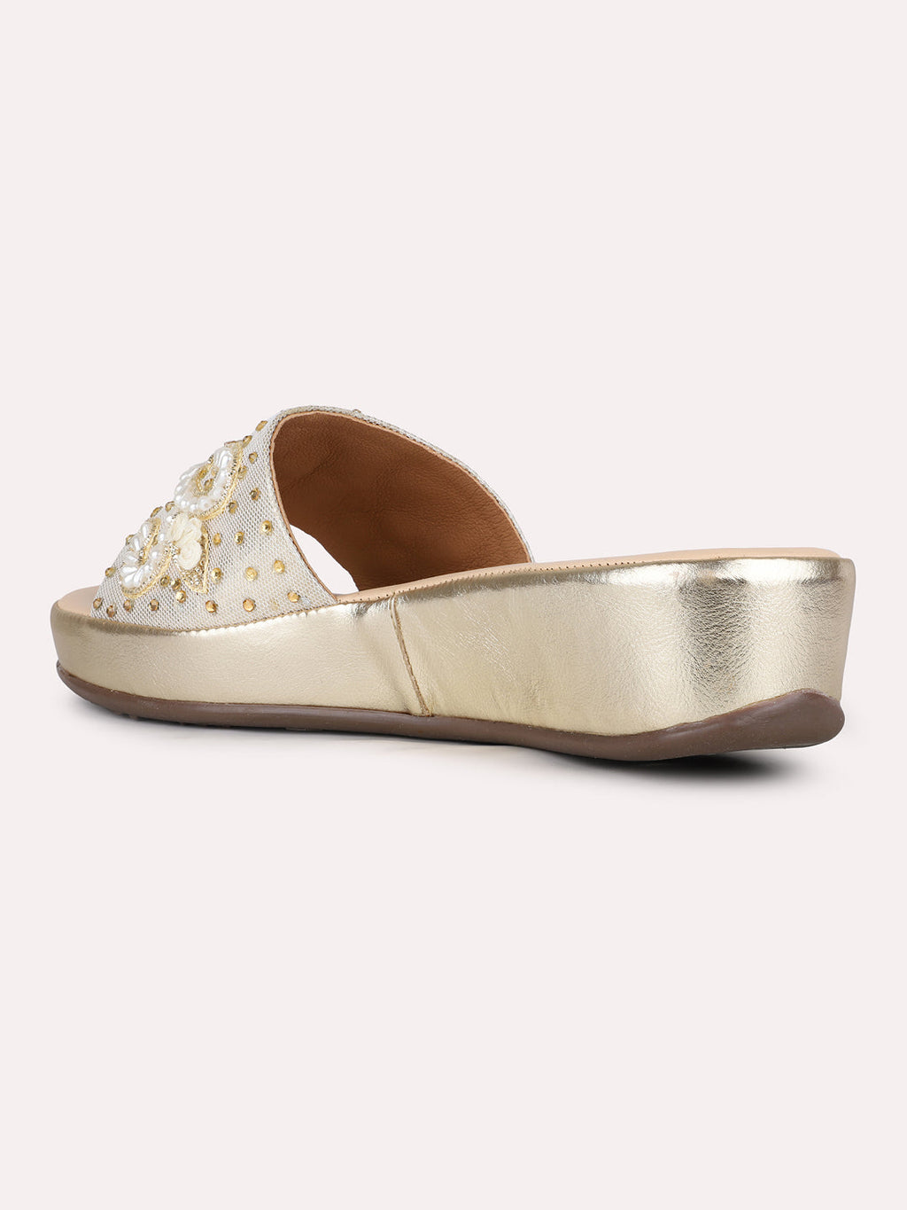 Women Golden Ethnic Embellished Pattern Pointed Flatform Heel Sandals