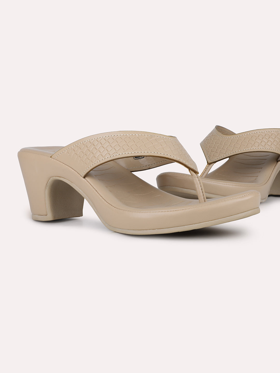 Women Beige Party Wear Printed Pointed Block Heel Sandals