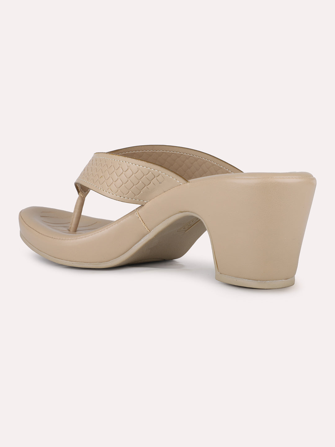Women Beige Party Wear Printed Pointed Block Heel Sandals