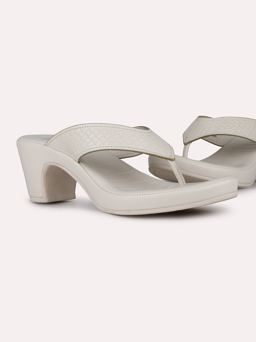 Women Cream Party Wear Printed Pointed Block Heel Sandals