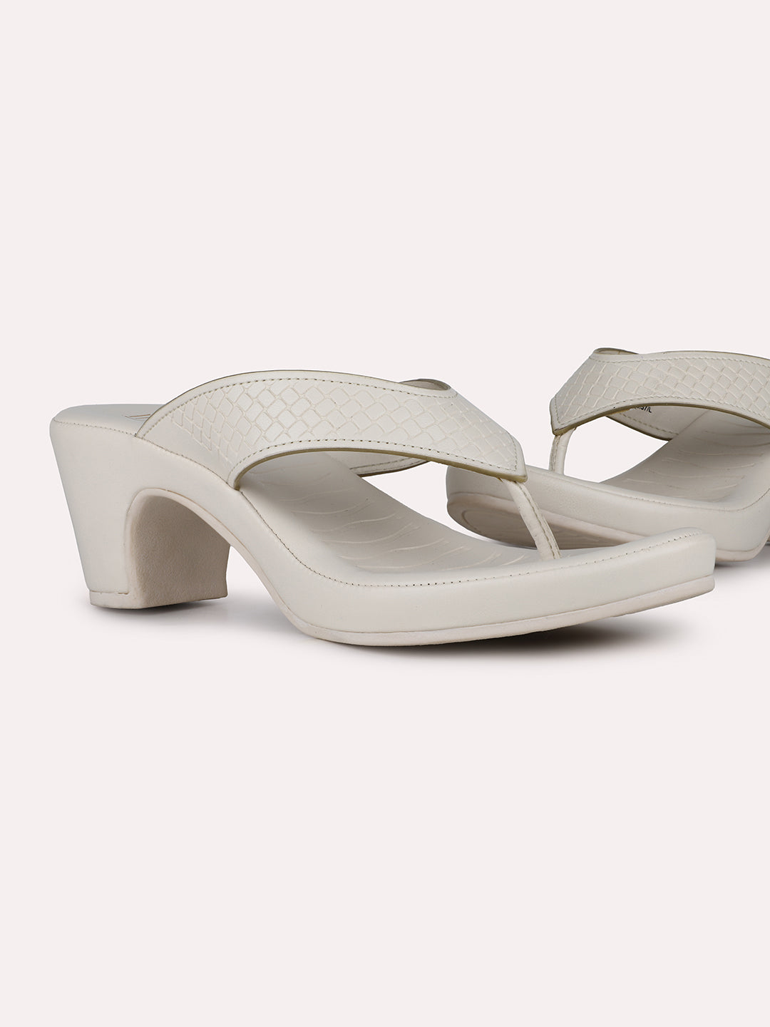Women Cream Party Wear Printed Pointed Block Heel Sandals