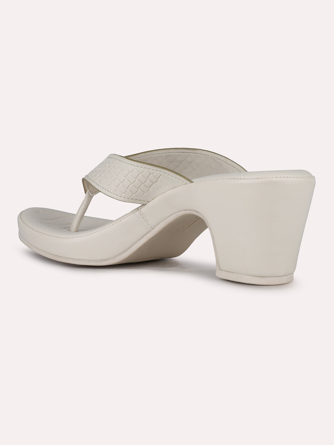 Women Cream Party Wear Printed Pointed Block Heel Sandals